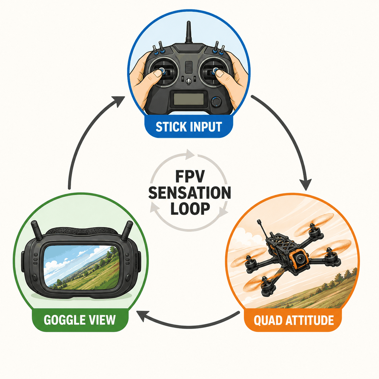 A closed loop connecting stick input, quad attitude, and goggle view, showing that FPV feels immersive because the video view responds to stick commands rather than to head movement.