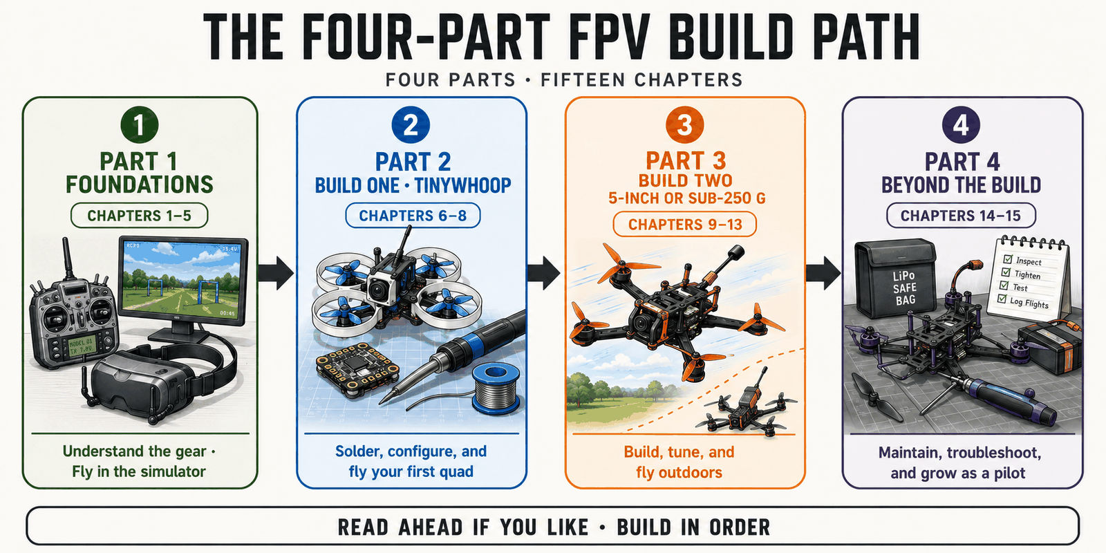 Flowchart of the book’s four parts, showing how the reader moves from FPV foundations to a tinywhoop build, then a larger build, then maintenance and first-year flying.
