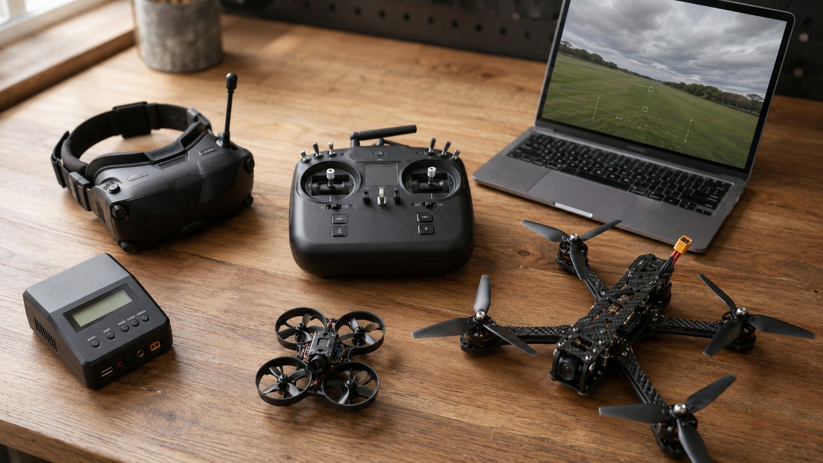 Starter FPV gear arranged on a desk: goggles, radio, charger, laptop simulator, tinywhoop, and larger quad showing the ecosystem a beginner is about to enter.