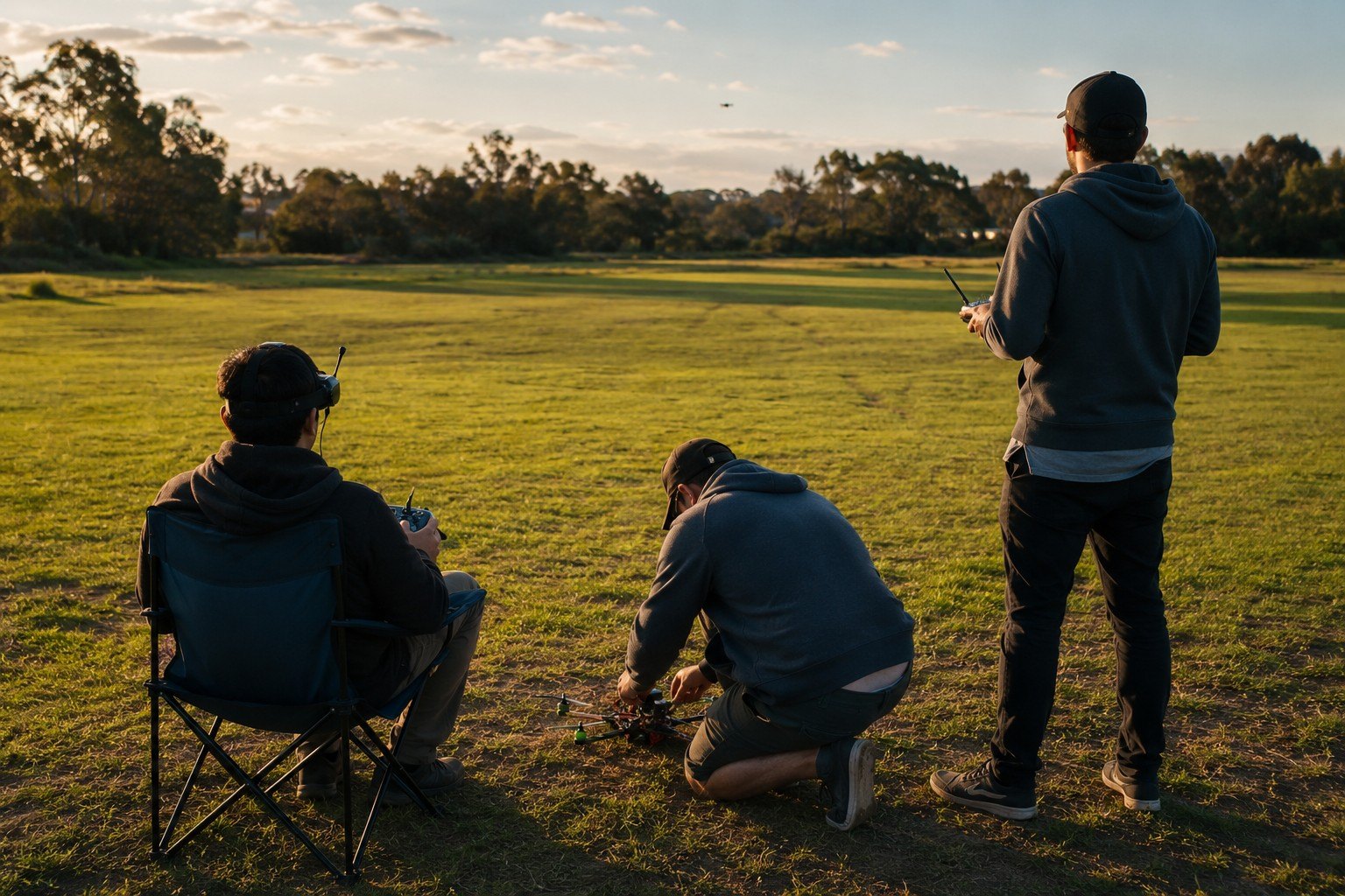 Small group of FPV pilots at a field or workbench, showing that local help and mentorship are part of the hobby.